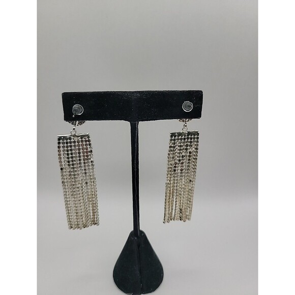 Vintage Silver Tone Rhinestone Tassel Fringe Dangle Earrings Glam Cocktail - Picture 10 of 12